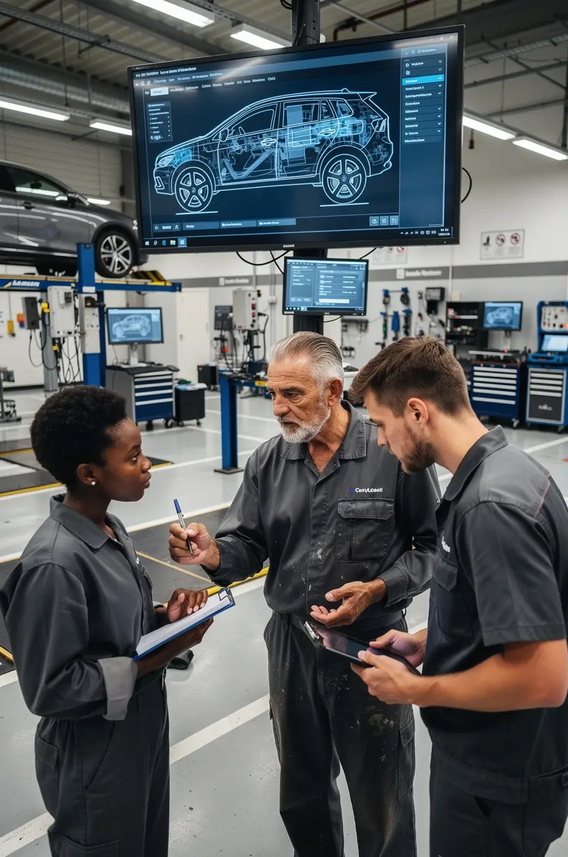 Professioneller Lackierer trägt präzise Lackschichten auf eine Autotür in moderner Werkstatt auf.